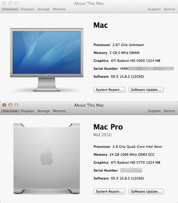 comparison of about this mac dialog between OS X VM, and OS X running on the Mac Pro